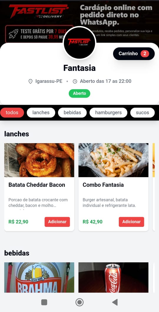 Preview da loja FastList no celular